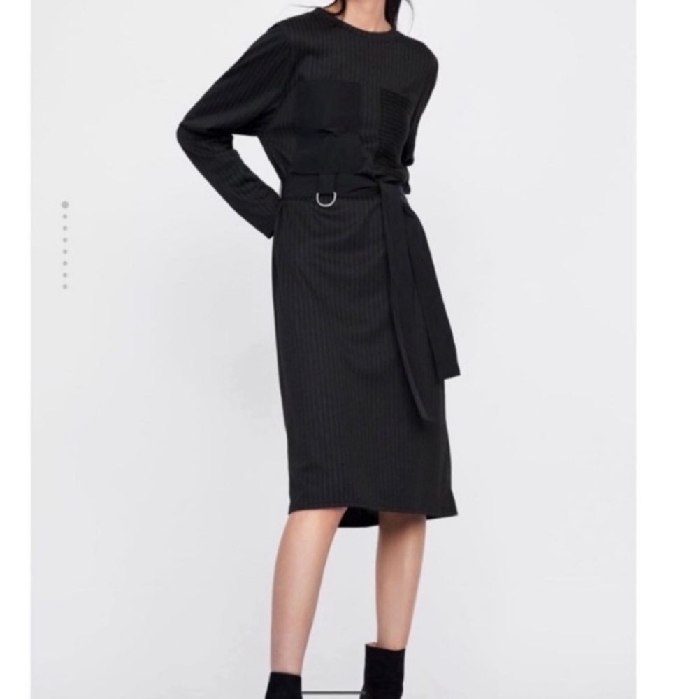 Zara Belted Pinstripe Long Sleeve Dress